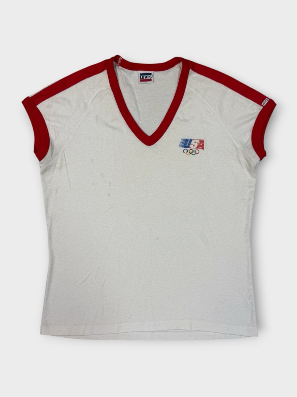 Levi's White V‑Neck Ringer Tee with Red Trim and USA Olympic Logo